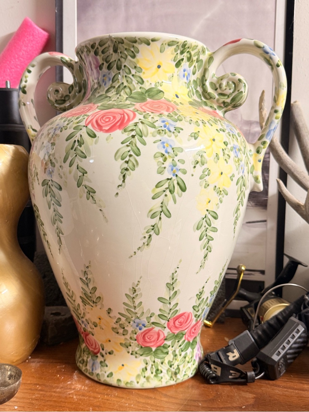 Hand-Painted Floral Ceramic Vase in Cream with Pink Roses